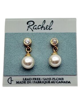 Vintage Rachel Gold Faux Pearl Crystal Drop Earrings